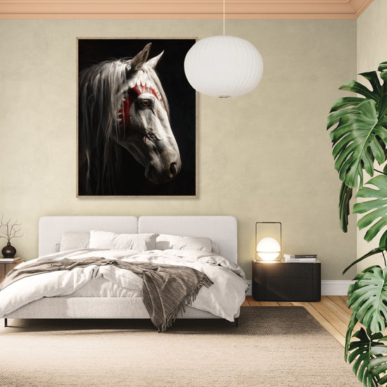 Artistic portrait of a white horse with red patterns, adding an ethnic elegance to a modern bedroom
