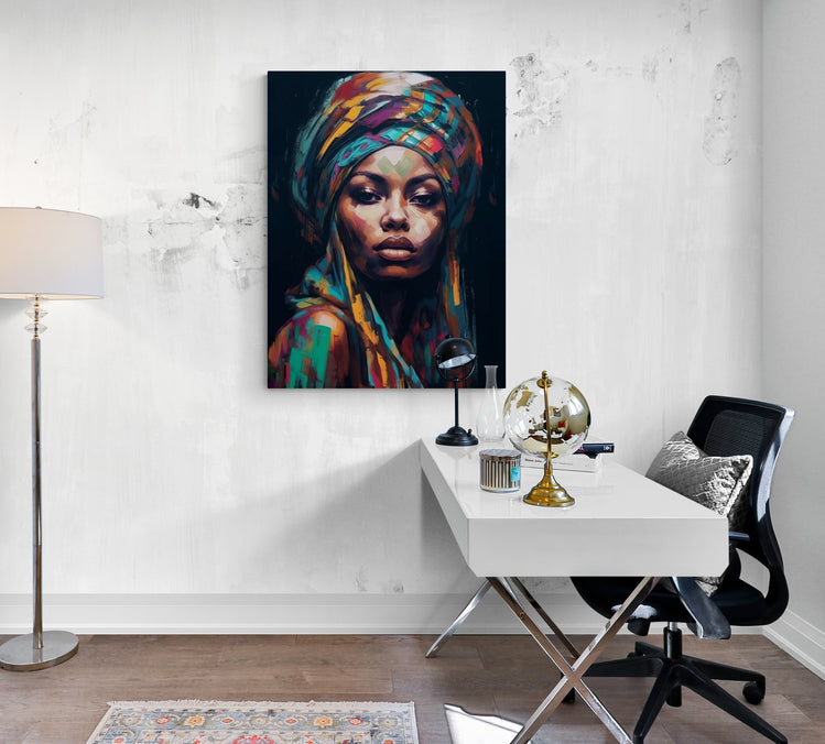 Révolutionnez votre espace de travail avec le Tableau Femme Africaine, élément de décoration unique pour un bureau moderne.