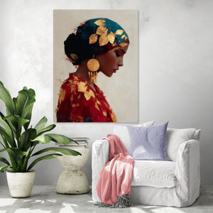 Artistic portrait with red and golden tones featuring leaf pattern effects, creating an elegant ambiance in a modern living room