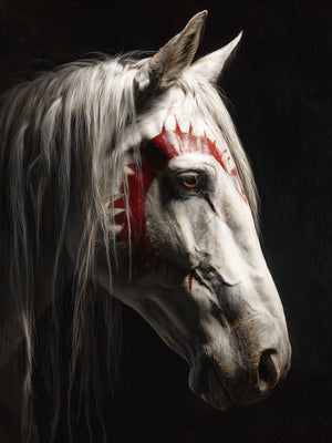 Portrait of a white horse with red markings, realistic style, mystical vibe