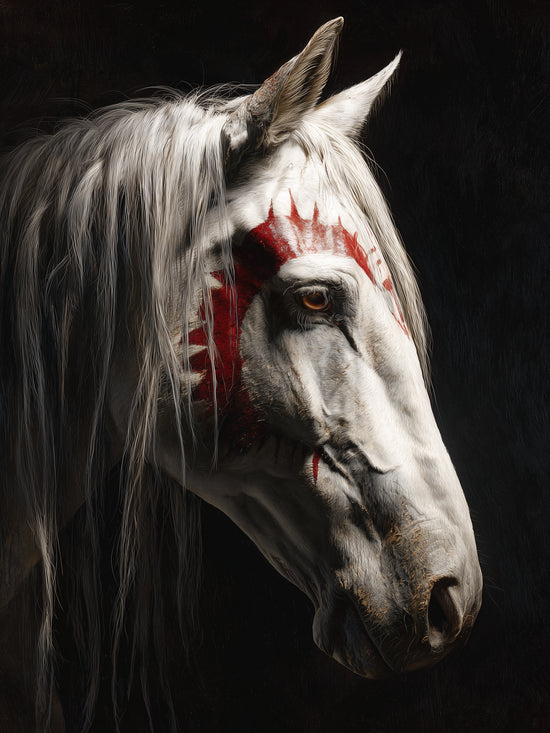 Portrait of a white horse with red markings, realistic style, mystical vibe