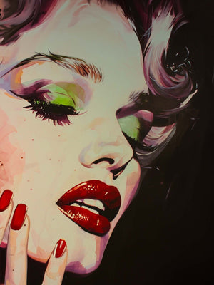Poster of Marilyn Monroe's face, makeup, black background.