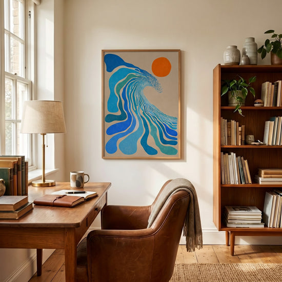 Abstraktes Poster in Blau – beruhigende Fluidität, Matisse-inspiriert fürs Büro — Individuelle Deko (KI)