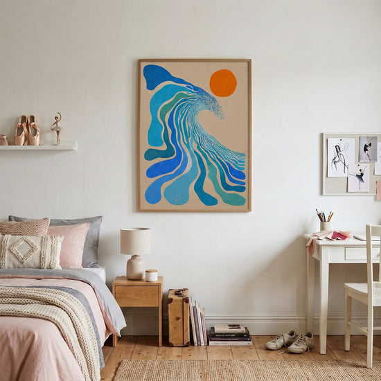 Abstraktes Poster in Blau – beruhigende Fluidität, Matisse-inspiriert fürs Büro — Individuelle Deko (KI)