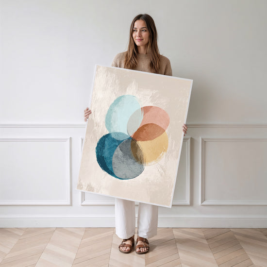 Poster abstrait cercles bleus - Douceur graphique qui apaise le regard — Vierge - poster-femme-debout