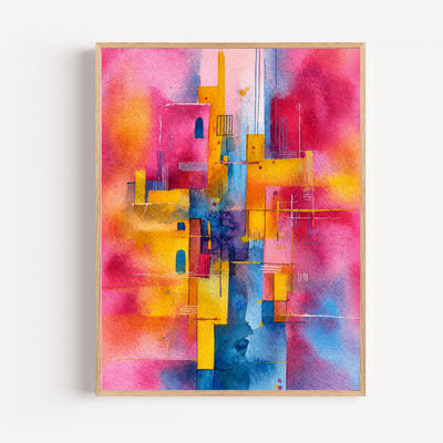 Póster abstracto geométrico - Danza de rosa, amarillo y azul al estilo Kandinsky