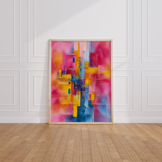 Poster abstrait géométrique - Danse de rose, jaune et bleu à la Kandinsky — Vierge - living-room