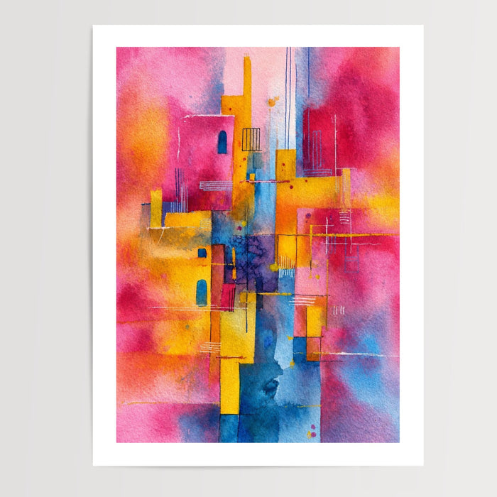 Poster abstrait géométrique - Danse de rose, jaune et bleu à la Kandinsky — Vierge - poster-presentation-produit — passe-partout blanc