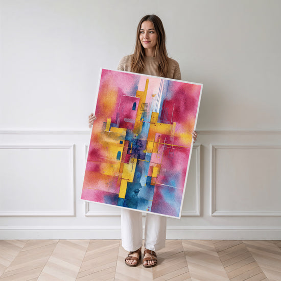 Poster abstrait géométrique - Danse de rose, jaune et bleu à la Kandinsky — Vierge - poster-femme-debout