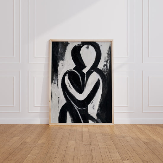 Poster Abstrait L'étreinte - Douceur monochrome en noir et blanc — Vierge - living-room