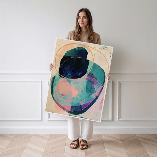 Poster & affiche Abstrait cercles orange et turquoise - Rythme vivant et douceur — Vierge - poster-femme-debout