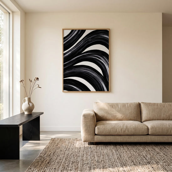 Poster & affiche Abstrait noir et blanc - Ondulations fluides et élégance intemporelle — Décor sur-mesure (IA)