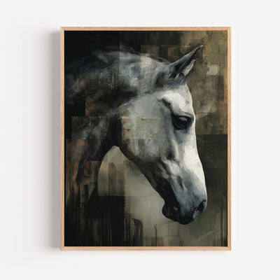 Poster & affiche cheval blanc portrait artistique texturé tons gris beige effet abstrait contemporain