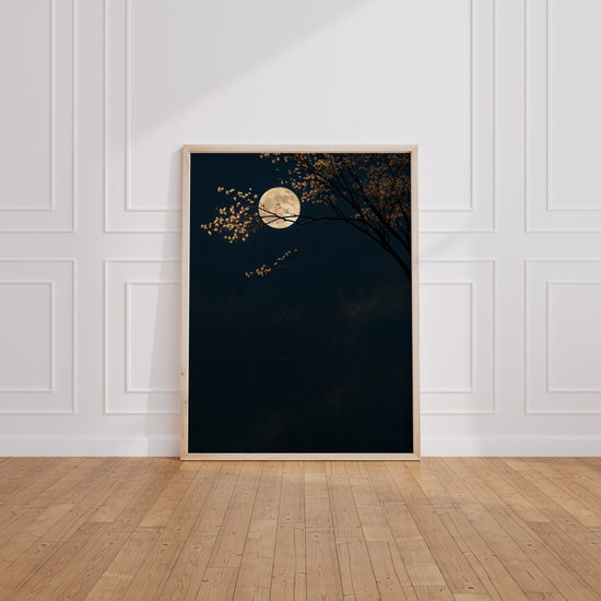Moon and Cherry Blossom Night Poster — Living room mockup
