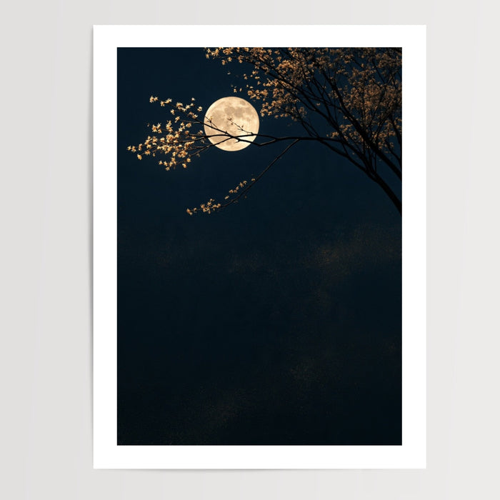 Poster & affiche paysage nocturne - Lune radieuse et cerisier fleuri — Vierge - poster-presentation-produit — passe-partout blanc