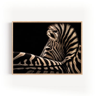 Zebra Wandbild schwarz mit goldenen Streifen, fotografisches Tierposter edel