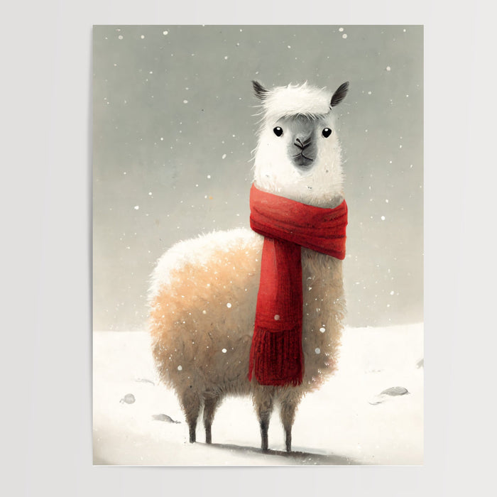 Poster Alpaga des neiges - Petit lama à l'écharpe rouge — Vierge - poster-presentation-produit
