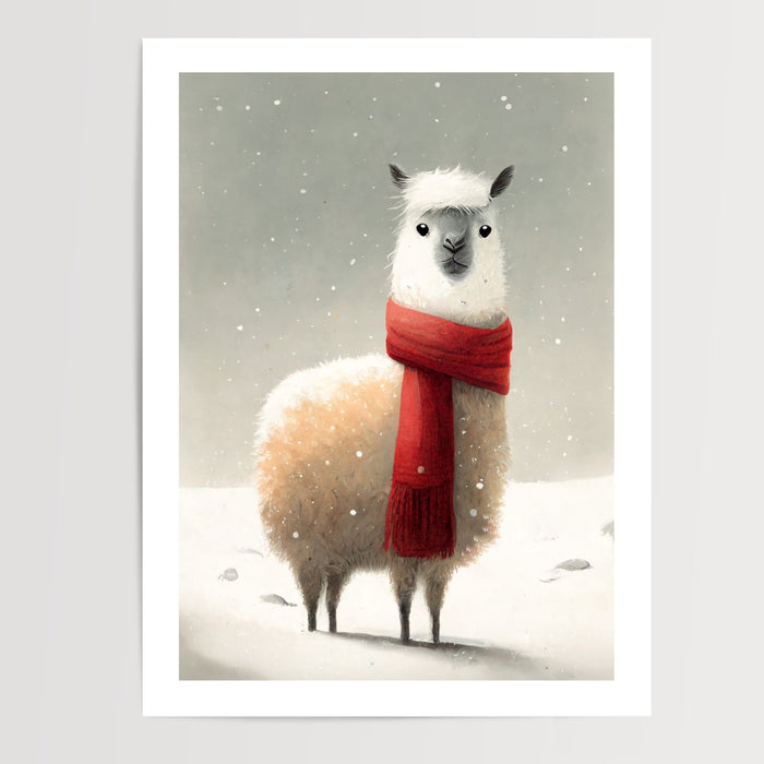 Poster Alpaga des neiges - Petit lama à l'écharpe rouge — Vierge - poster-presentation-produit — passe-partout blanc