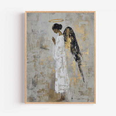 Poster Ange en prière - Ailes noires et or, recueillement et sérénité
