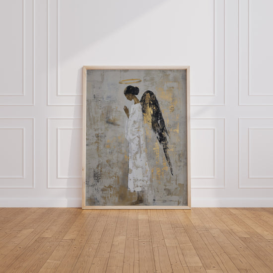 Poster Ange en prière - Ailes noires et or, recueillement et sérénité — Vierge - living-room