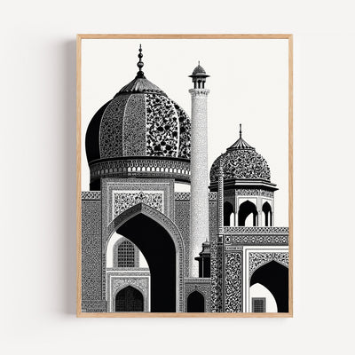 Poster Architecture islamique - Coupoles et arabesques en noir et blanc