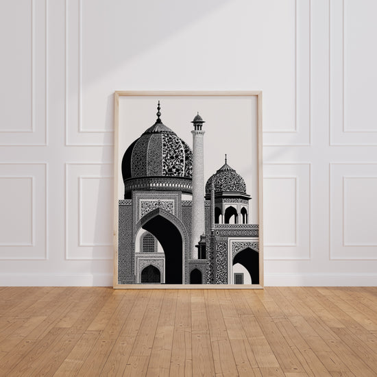 Poster Architecture islamique - Coupoles et arabesques en noir et blanc — Vierge - living-room