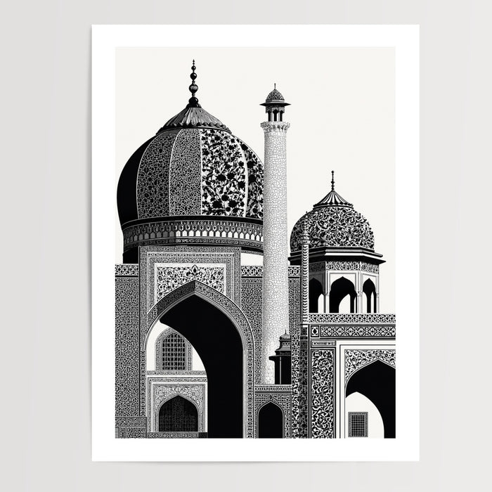 Poster Architecture islamique - Coupoles et arabesques en noir et blanc — Vierge - poster-presentation-produit — passe-partout blanc