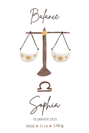Poster featuring the Libra astrological sign with a stylized scales and golden details, perfect for a child's room.