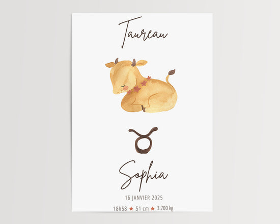 Poster astrologique Taureau personnalisé bébé tons doux aquarelle décoration chambre enfant