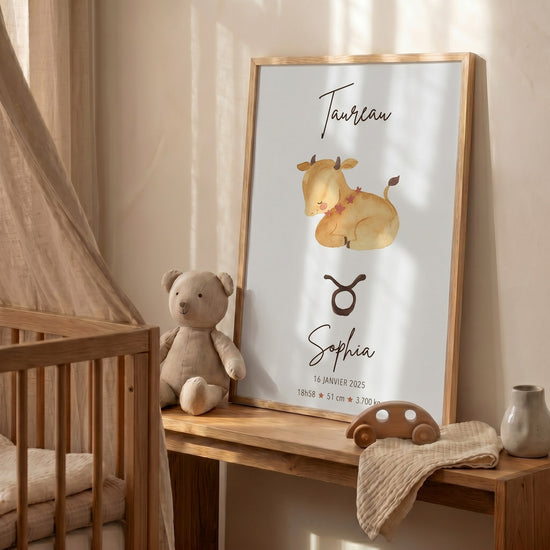 Poster astrologique Taureau personnalisé bébé tons doux aquarelle décoration chambre enfant moderne