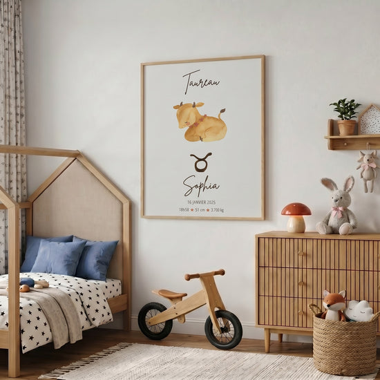 Poster astrologique Taureau personnalisé naissance bébé tons aquarelle pour chambre enfant