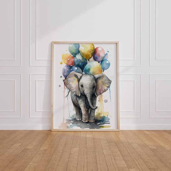 Poster Bébé éléphant - Douceur aquarelle et ballons colorés — Vierge - living-room