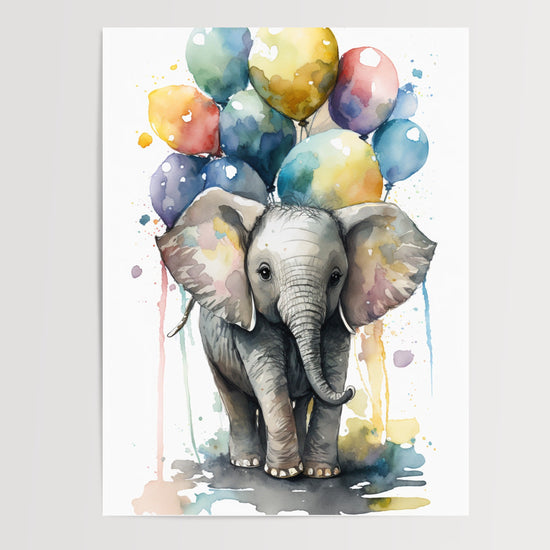 Poster Bébé éléphant - Douceur aquarelle et ballons colorés — Vierge - poster-presentation-produit