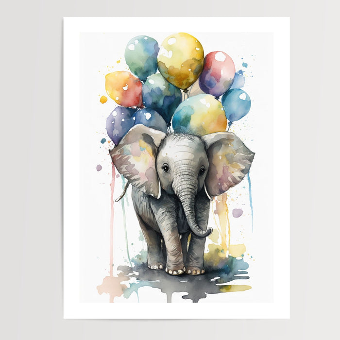 Poster Bébé éléphant - Douceur aquarelle et ballons colorés — Vierge - poster-presentation-produit — passe-partout blanc