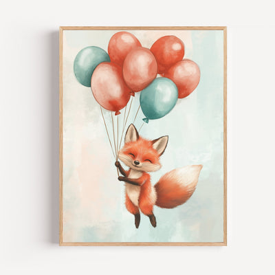 Kinderzimmer Poster Baby-Fuchs – sanfte Ballonfahrt in Pastell