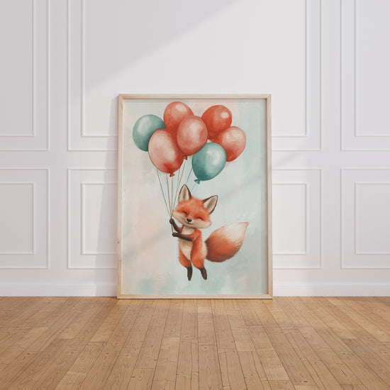 Poster Bébé renard - Douce envolée en ballons pastel — Vierge - living-room