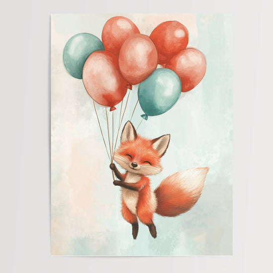 Poster Bébé renard - Douce envolée en ballons pastel — Vierge - poster-presentation-produit