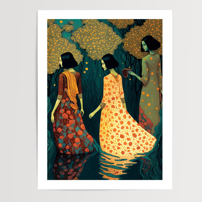 Poster Baigneuses indiennes - Douceur d'un bain sous la lune — Vierge - poster-presentation-produit — passe-partout blanc