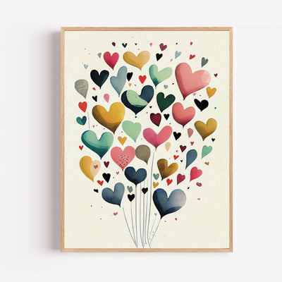 Póster infantil globos corazón - Tierno vuelo hacia los sueños de la infancia