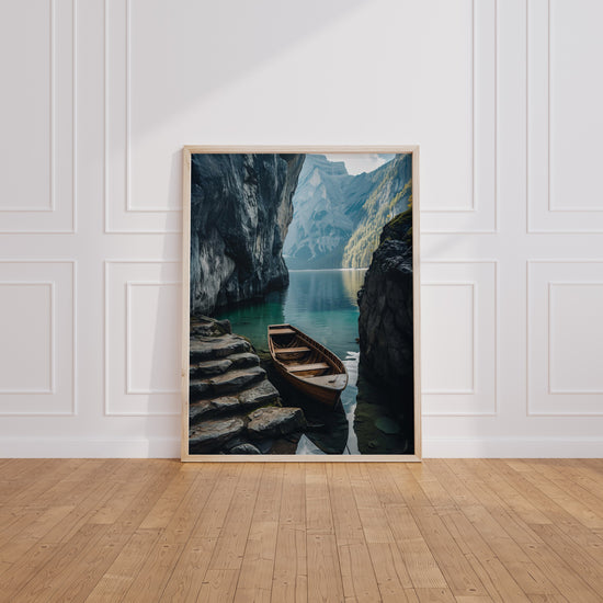 Poster Barque au repos - Douce évasion au bord de l'eau — Vierge - living-room