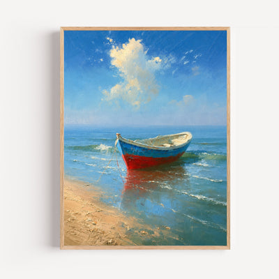 Poster Barque échouée - Escale ensoleillée au bord de l'eau turquoise