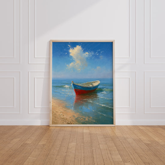 Poster Barque échouée - Escale ensoleillée au bord de l'eau turquoise — Vierge - living-room