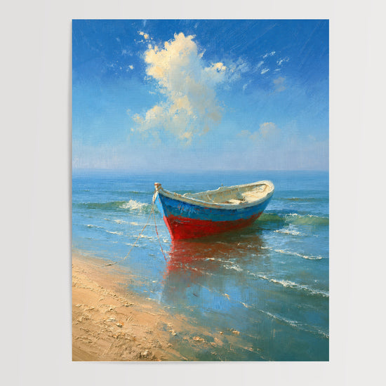 Poster Barque échouée - Escale ensoleillée au bord de l'eau turquoise — Vierge - poster-presentation-produit