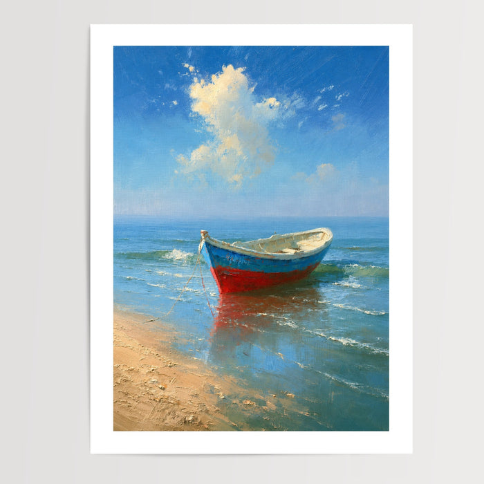 Poster Barque échouée - Escale ensoleillée au bord de l'eau turquoise — Vierge - poster-presentation-produit — passe-partout blanc