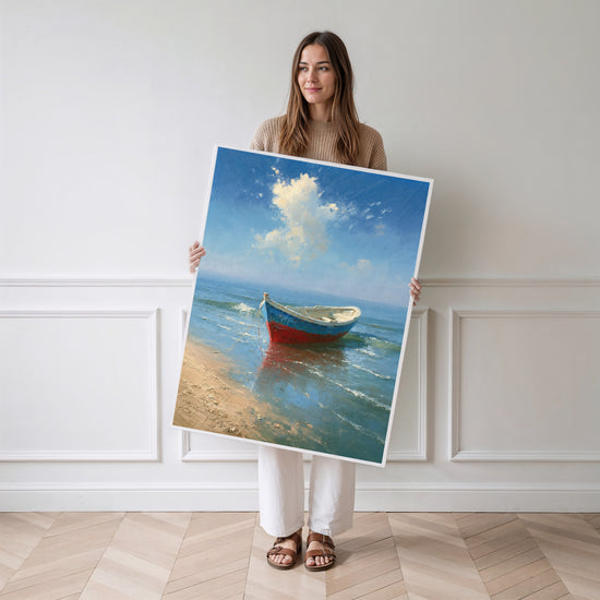 Poster Barque échouée - Escale ensoleillée au bord de l'eau turquoise — Vierge - poster-femme-debout