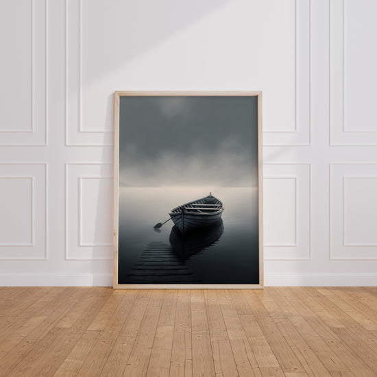 Poster Barque dans la brume - Sérénité d'une mer apaisée — Vierge - living-room