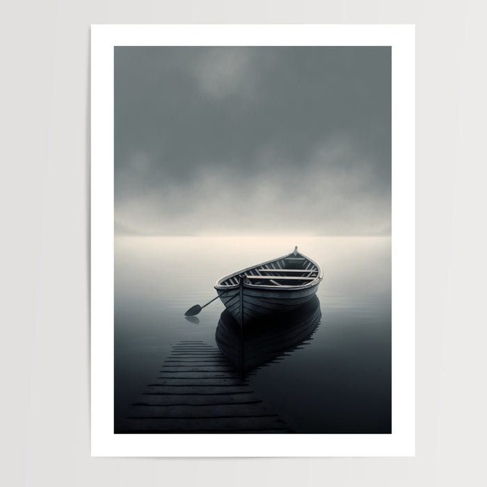 Poster Barque dans la brume - Sérénité d'une mer apaisée — Vierge - poster-presentation-produit — passe-partout blanc