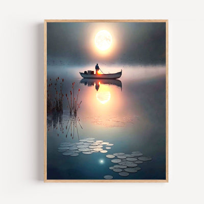 Poster Fischerboot im Morgennebel – See in Vietnam