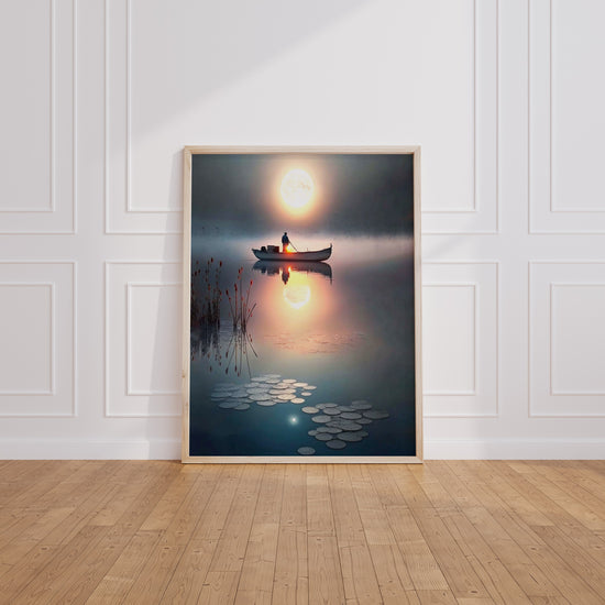 Poster Barque de pêcheur - Aube brumeuse sur un lac du Vietnam — Vierge - living-room