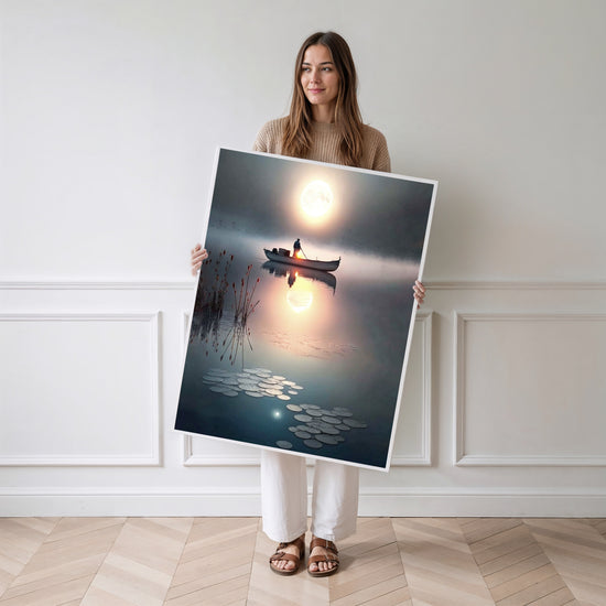Poster Barque de pêcheur - Aube brumeuse sur un lac du Vietnam — Vierge - poster-femme-debout